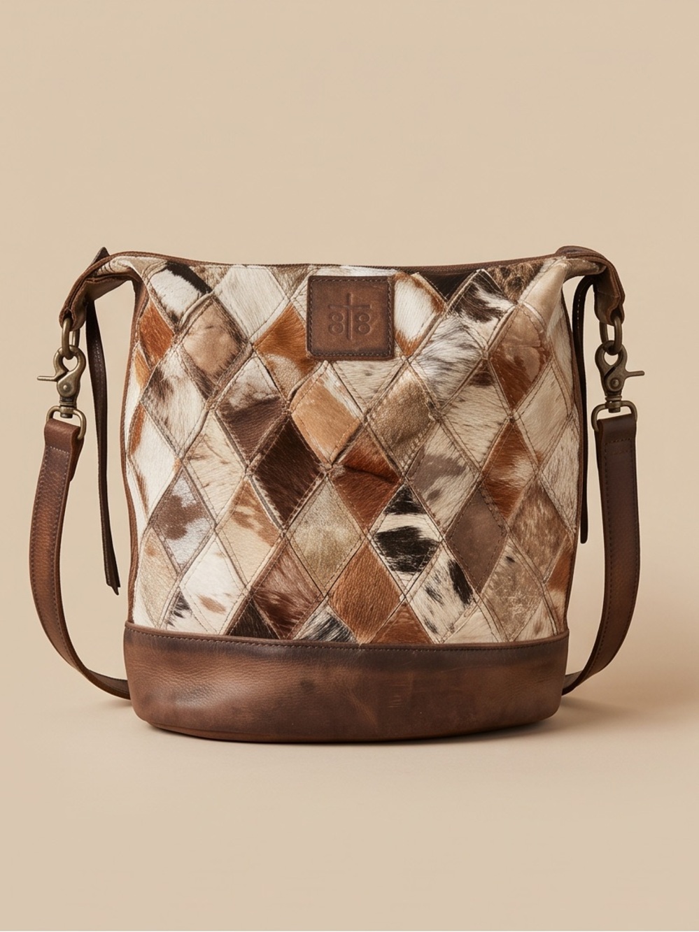 STS Ranchwear Brown Multi Patchwork Cowhide Crossbody Bucket Bag - Picture 2 of 14
